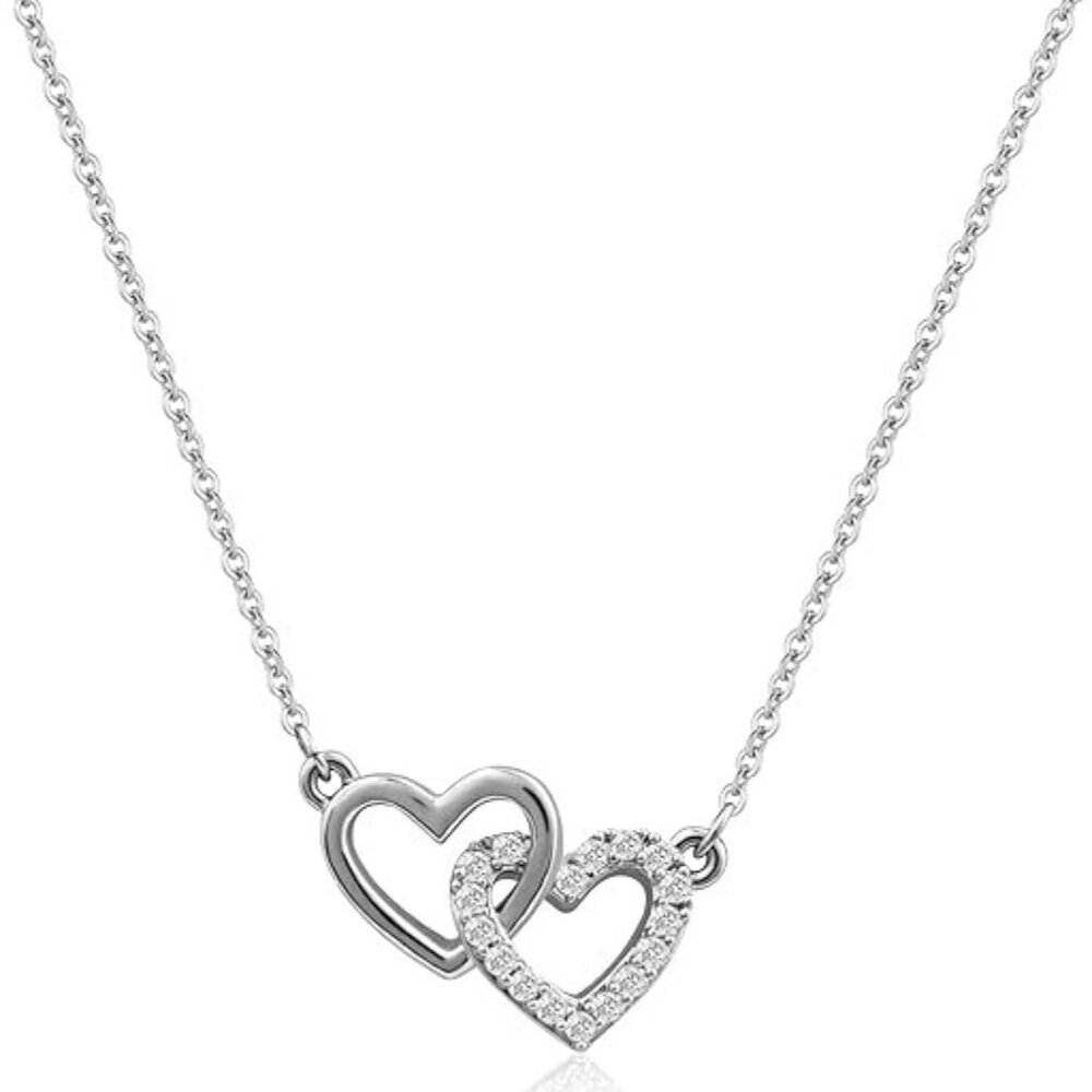 Tiny Double Heart Necklace Small Silver Cubic Zirconia Cute Dainty Love Necklace